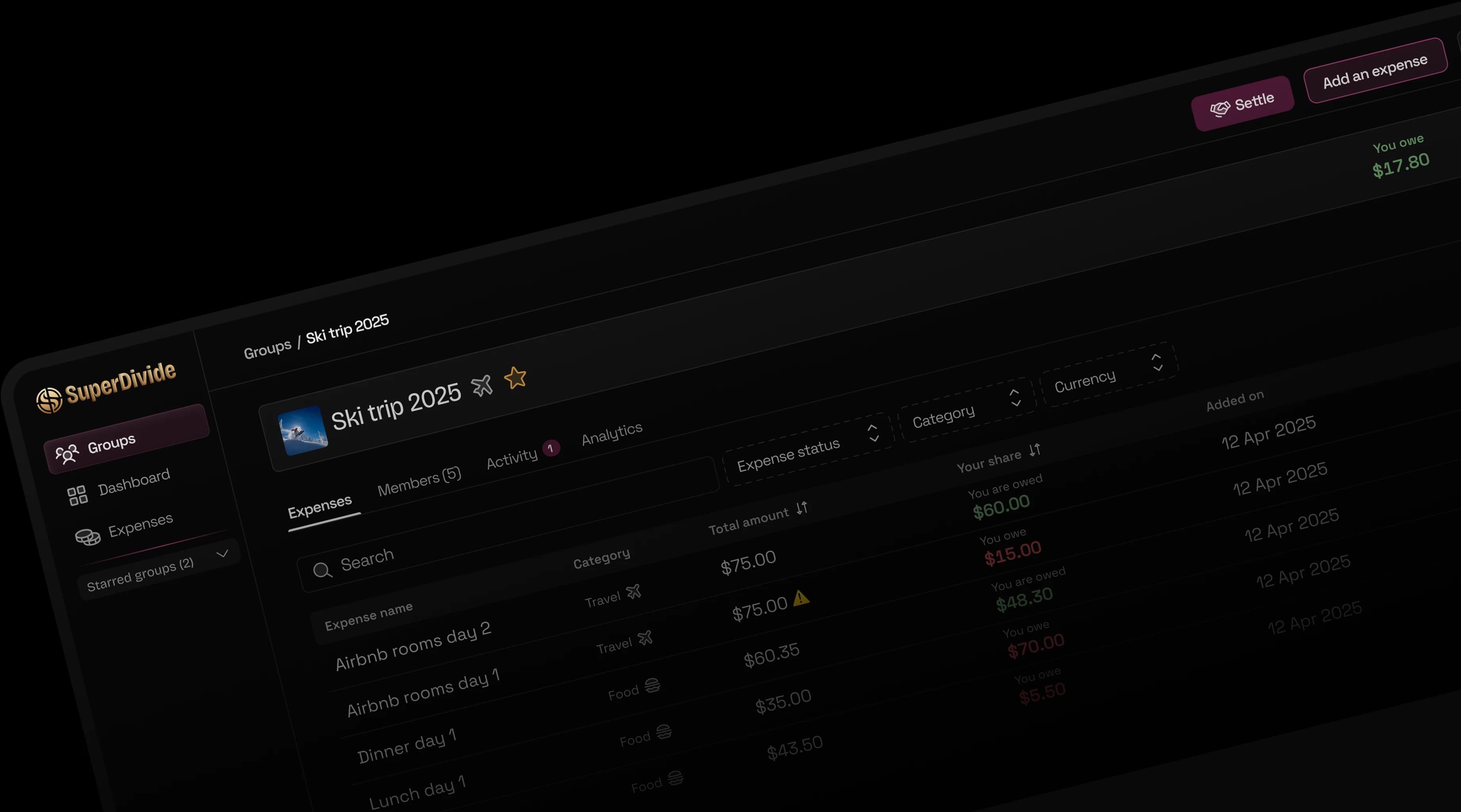 Superdivide shared expense product interface